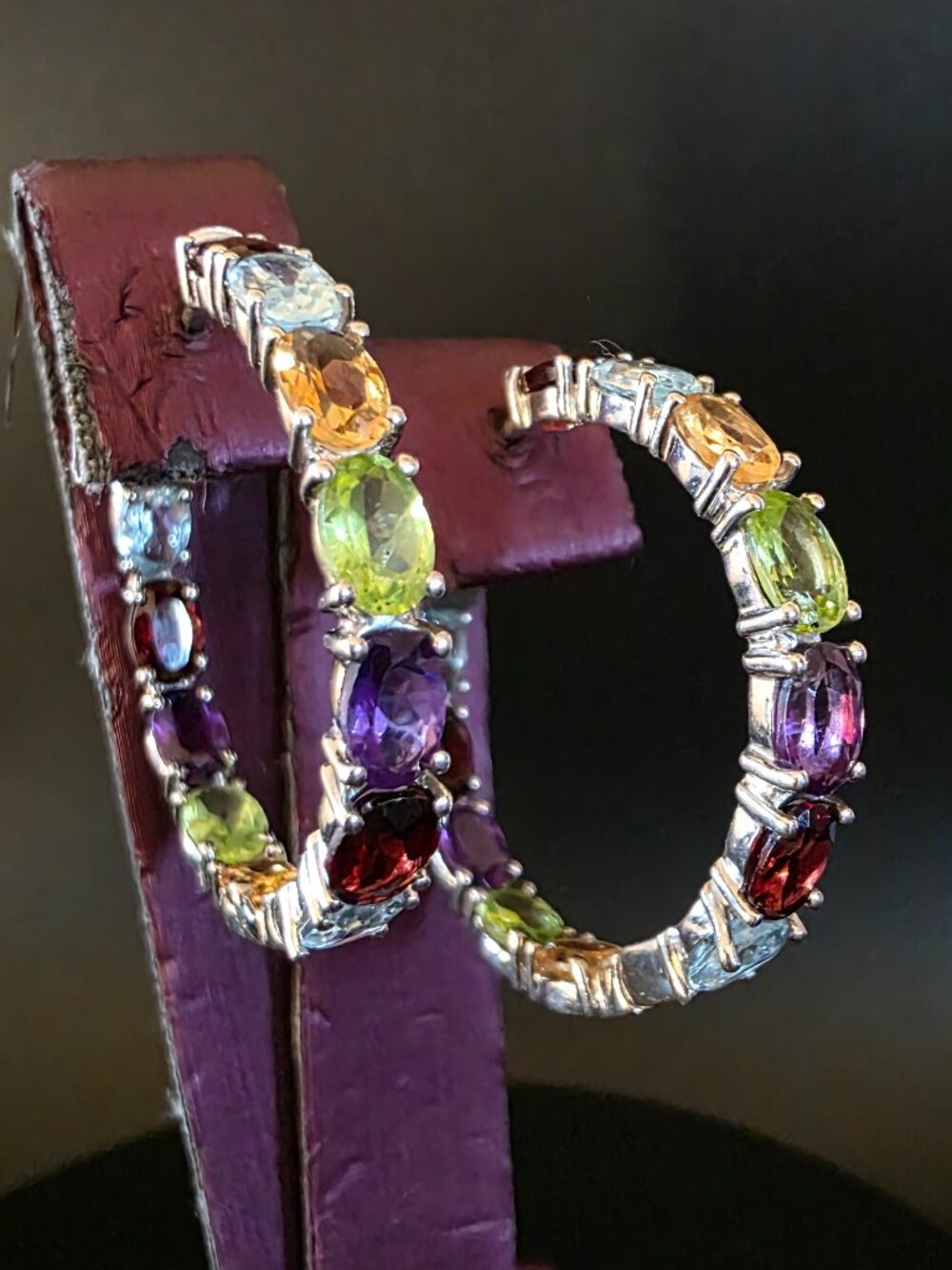 Vintage DK 925 Sterling Silver Multi-Gemstone Inside-Out Hoop Earrings 11.3g LG